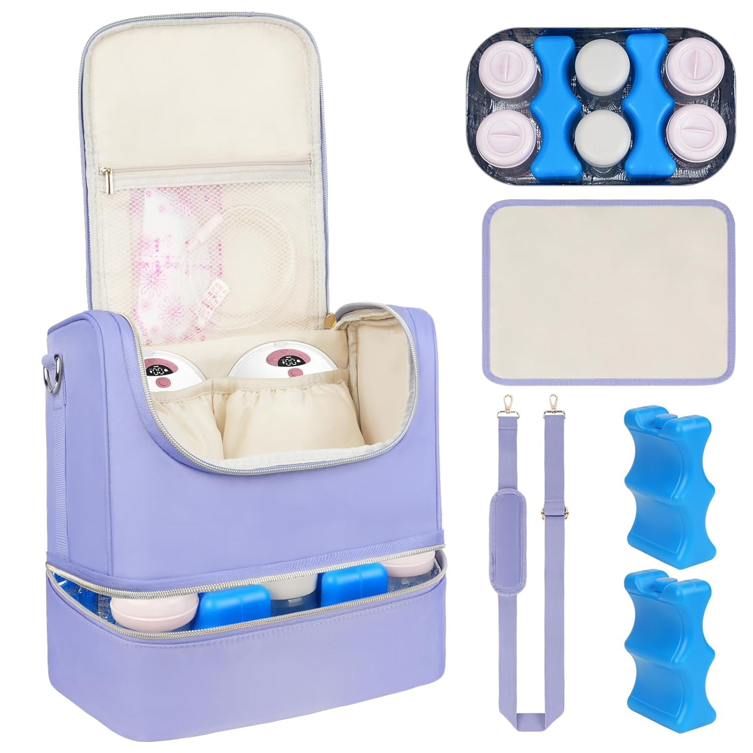 Wearable Breast Pump Bag with Cooler Compartment Fits for Willow/Elvie/Momcozy M5/S12 Pro/Medela, Breast Milk Travel Tote Bag with Ice Pack & Waterproof Mat,Purple