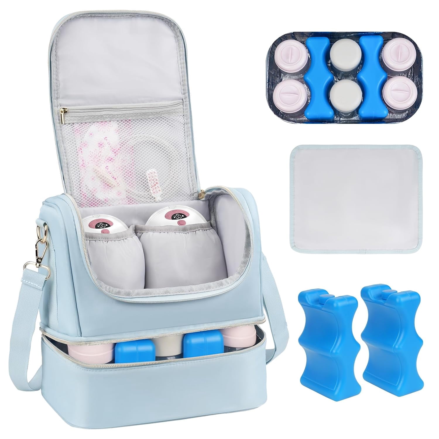 Wearable Breast Pump Bag with Cooler Compartment Fits for Willow/Eufy/Elvie/Momcozy M5/S12 Pro/Medela, Breast Milk Travel Tote Bag with Ice Pack & Waterproof Mat,Blue