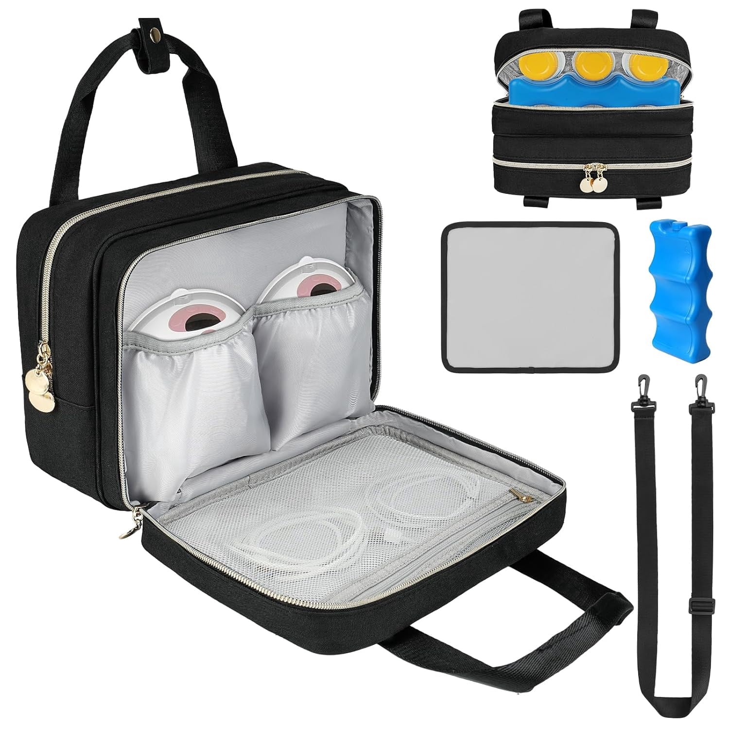 Wearable Breast Pump Bag with Insulated Cooler Compartment, Travel Carrying Case Compatible with Momcozy, Elvie and Medela Breast Pump Series, Includes Ice Pack & Waterproof Mat for Breastfeeding Acc