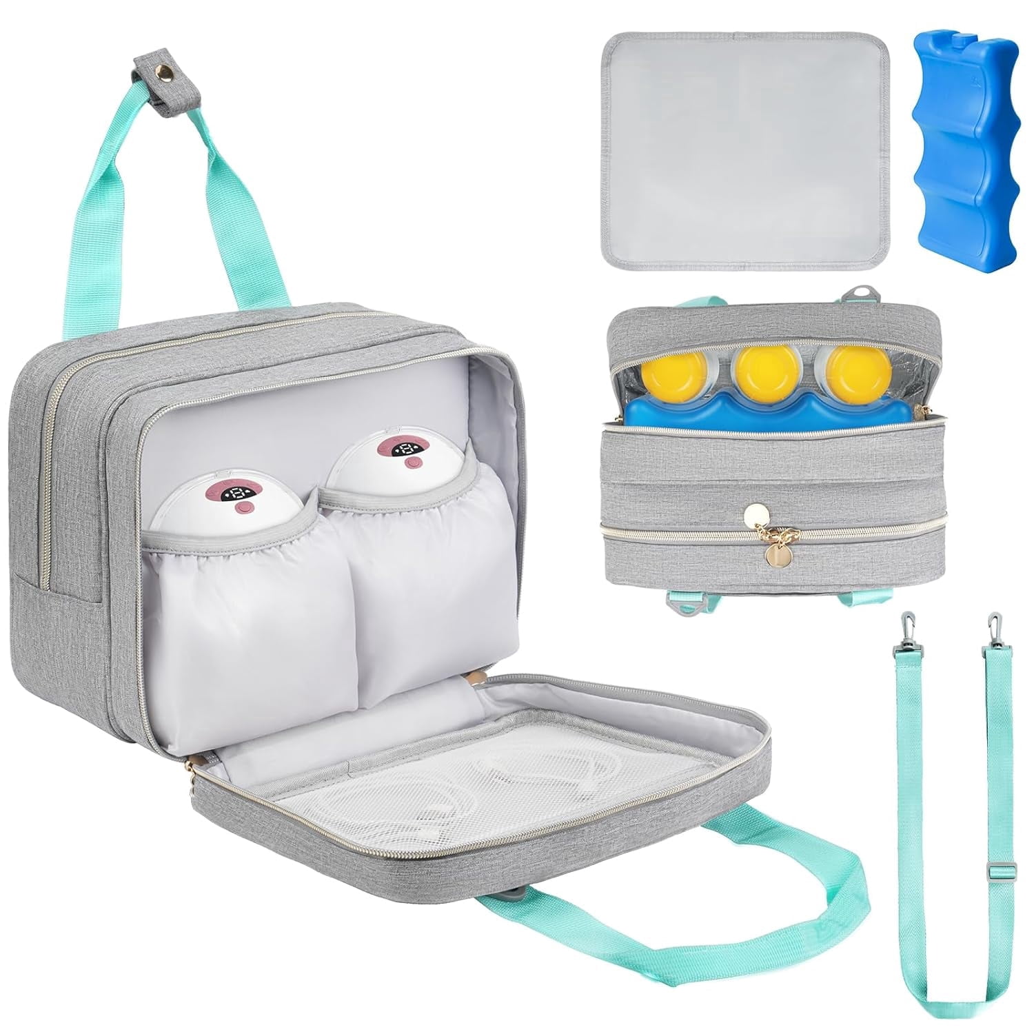 Wearable Breast Pump Bag with Insulated Cooler Compartment, Travel Carrying Case Compatible with Momcozy, Elvie and Medela Breast Pump Series, Includes Ice Pack & Waterproof Mat for Breastfeeding Acc