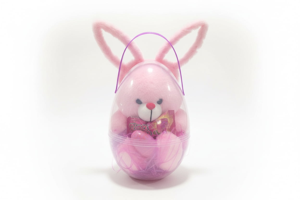 Wearable Bunny Ears Plastic Basket with Plush Companion and Colorful Plastic Eggs, Pink, Easter