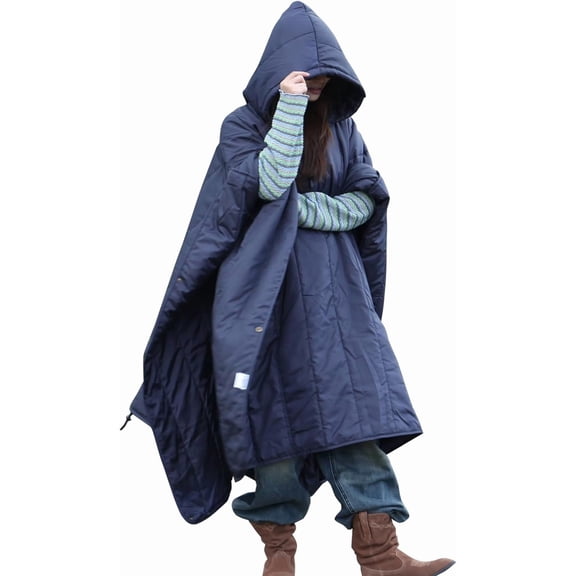 Wearable Camping Blanket with Hood, Packable Stadium Blanket, Lightweight Warm Quilt, 79" x 56", Navy Blue