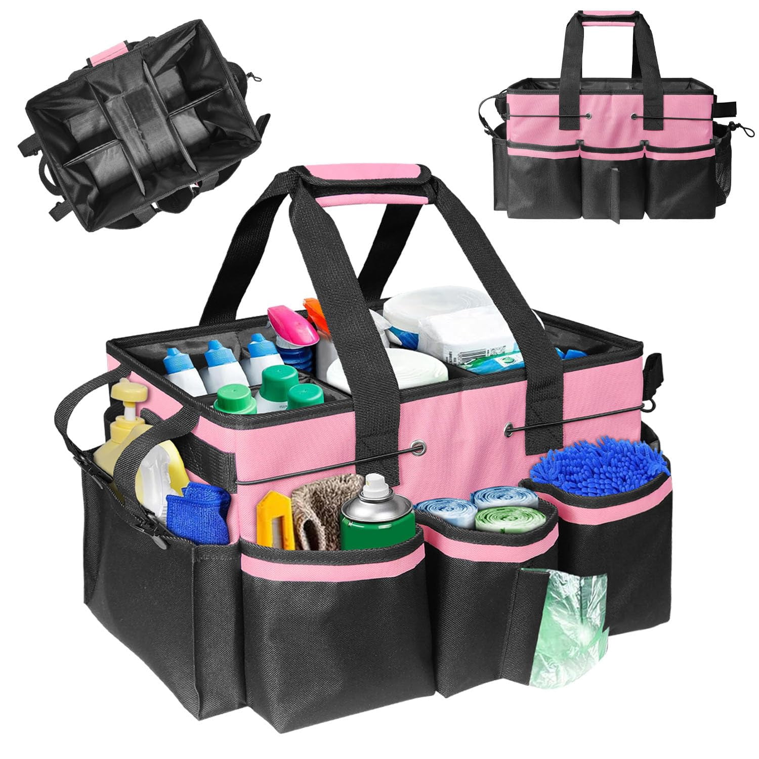 Wearable Cleaning Caddy Bag with Shoulder Straps, Cleaning Caddy Supplies Organizer with Handle & Detachable Divide, Cleaning Tool Organizers Tote Bag for Cleaners,Housekeepers (pink)