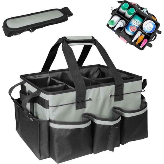 Wearable Cleaning Caddy, Cleaning Caddy Supplies Organizer With Handle & Shoulder Straps For Housekeepers, Under Sink & Car Cleaning Tool Organizers Bag With 4 Foldable Divider