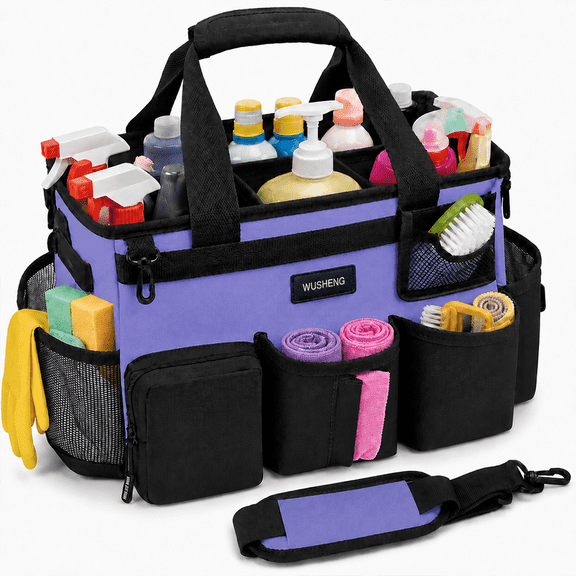 Wearable Cleaning Caddy Organizer with Handle & Shoulder Straps for Housekeepers, Under Sink & Car Cleaning Tool Organizer Bag with 4 Foldable Dividers