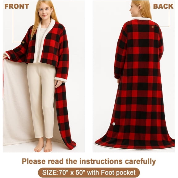 Wearable Electric Blanket with Foot Pocket 70" x 50" Soft Flannel Heated Wrap with Sleeves, 8 Heating Levels & 1 to 12 Hours Auto Shut Off, Machine Washable, Black and Red Checkered Patter