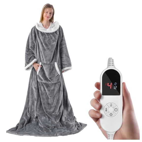 Wearable Electric Blanket Heated Throw, 52" x 72" Fast Heating Wrap Poncho Shawl with Foot Pocket & Sleeves, 6 Heat Levels & 12 Hours Auto Shut-Off, Machine Washable, ETL & FCC Certified, Grey