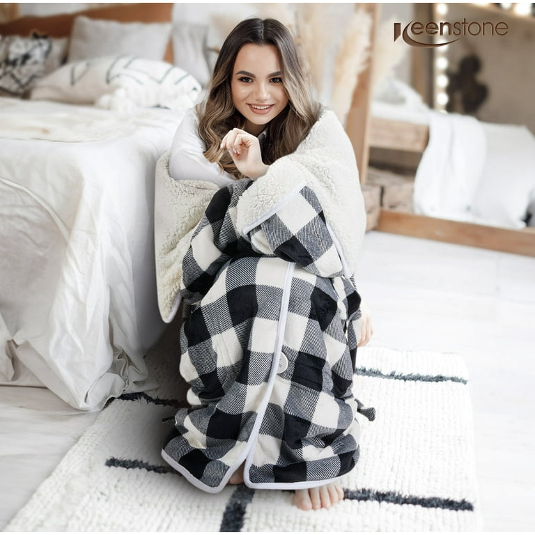 Wearable Electric Heating Blanket with Waistband and Sleeves - Keenstone  Cozy Plaid Heated Throw with 6 Heat Levels and Timer Settings - 50 x 70  inch,Gray 