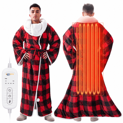 Electric Wearable Heating Blanket with Waistband and Sleeves, Cozy Plaid Heated Throw with Heat Levels and Timer Settings, 50 x 70 inch,Red