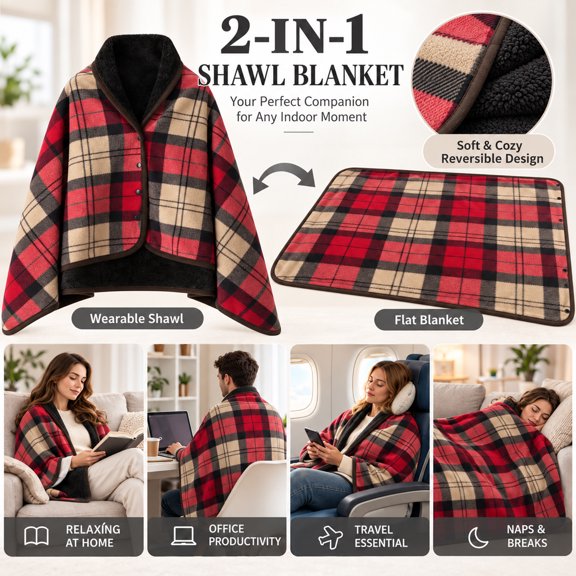 Wearable Flannel Blanket Oversized, Reversible Shawl Blanket with Snap Buttons for Indoor & Travel