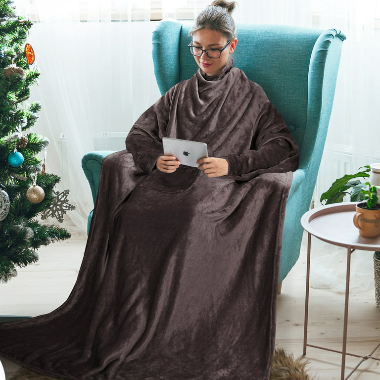 Wearable Fleece Blanket with Sleeves for Adult Women Men, Super Soft Comfy  Plush TV Blanket Throw Wrap Cover for Lounge Couch Reading Watching TV 73
