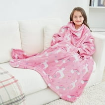 Wearable Fleece Blanket with Sleeves & Foot Pocket for Kids Boys Girls Children,Lightweight Soft Blanket with Sleeves and Hook & Loop 48" x 48" Pink Unicorn