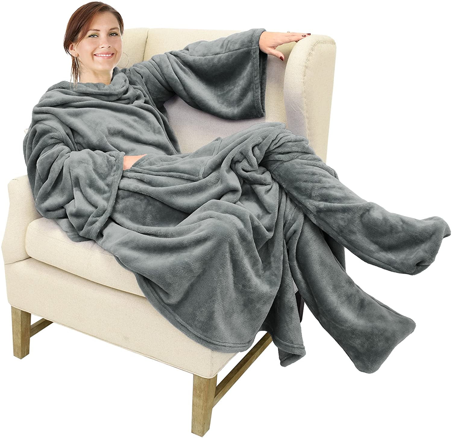 Gray Fleece Wearable Blanket with Sleeves and Foot Pockets