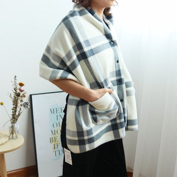 Wearable Fleece Shawl Blanket with Pockets, Comfortable Flannel Throw Cape for Office Home Travel, Soft Light Lap Wrap with Button Closure, Appliance Washable