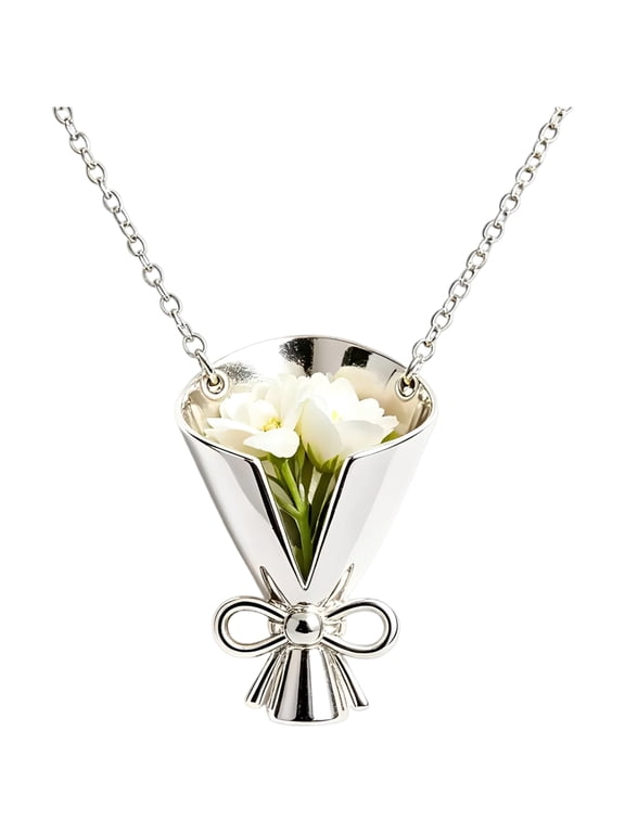 Wearable Flowers Necklaces with Mini Bouquet Vase Pendant, Flower Holder Necklace, 19.7 in / 45 cm Chain for Real or Dried Flowers, Fashion Jewelry Gift for Wedding Date Daily Wear, Silver