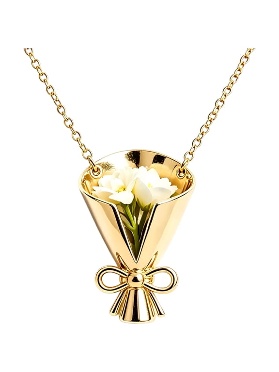 Wearable Flowers Necklaces with Mini Bouquet Vase Pendant, Flower Holder Necklace, 19.7 in / 45 cm Chain for Real or Dried Flowers, Fashion Jewelry Gift for Wedding Date Daily Wear, Gold