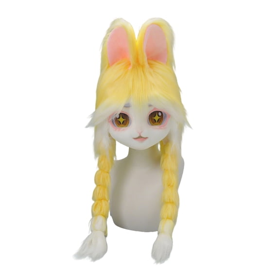 Wearable Furry Anime Bunny Mask,Kawayi Fursuit Animal Mask,Plush Therian Animal Rabbit Headgear Outfit Accessories