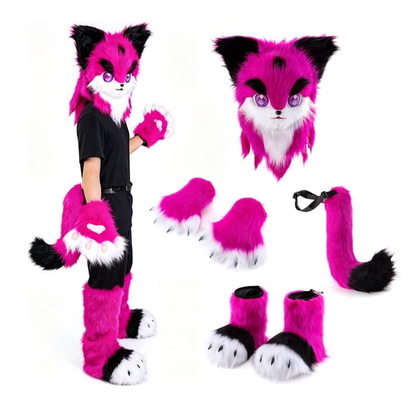 Wearable Furry Anime Dog Mask Paws Tail Shoes,Kawayi Fursuit Animal Mask,Plush Therian Animal Wolf Outfit Accessories