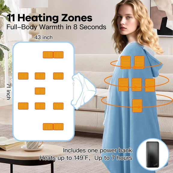 Wearable Heated Blanket with 20000mAh Power Bank, 11 Heating Zones, 3 Heat Levels, Timer, USB Powered, Machine Washable, for Camping, Office, Travel, Home Use (Snowy Blue)