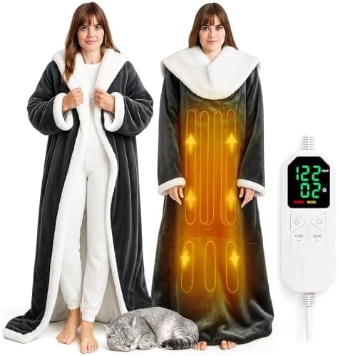 Wearable Heated Blanket with Foot Pocket, 70" x 50" Heated Robe Electric Blanket with Sleeves, 8 Heating Levels &1-12 Hours Heating Time Settings, Winter for Mom Girlfriend, Flannel & Sherpa, Grey