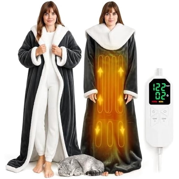 Wearable Heated Blanket with Foot Pocket, 70" x 50" Heated Robe Electric Blanket with Sleeves, 8 Heating Levels &1-12 Hours Heating Time Settings, Winter for Mom Girlfriend, Flannel & Sherpa, Grey