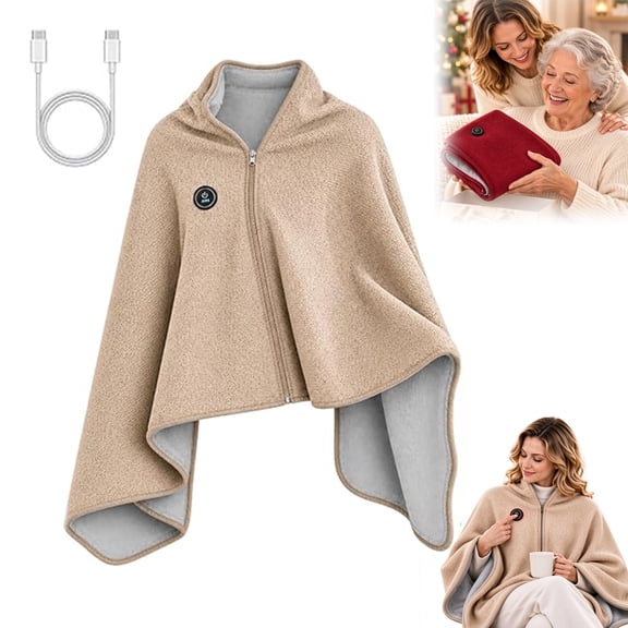 Wearable Heated Blanket, Heated Shawl Wrap for Women with USB Power, Portable Heated Blanket Cape with 3 Heat Settings for Home Office Winter Comfort (Beige)
