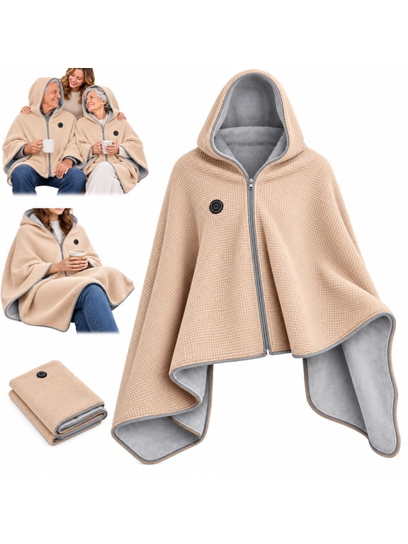 Wearable Heated Blanket, Heated Shawl Wraps - Electric Blanket with Hoodie, Winter Warm Shawl Heating Scarf for Camping Fishing(Beige