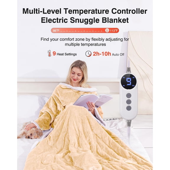 Wearable Heated Blanket with Sleeves, Electric Heated Robe with Foot Pockets, Electric Snuggie for Women, 6 Heating Levels & 1-4 Hours Timer, 50"x70" (Light Yellow)