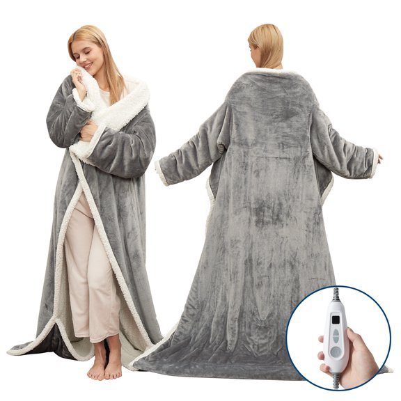 GARVEE Wearable Electric Heated Blanket with Foot Pockets & Sleeves,6 Heating Levels & 2/4/8/10H Time Settings,Light Gray