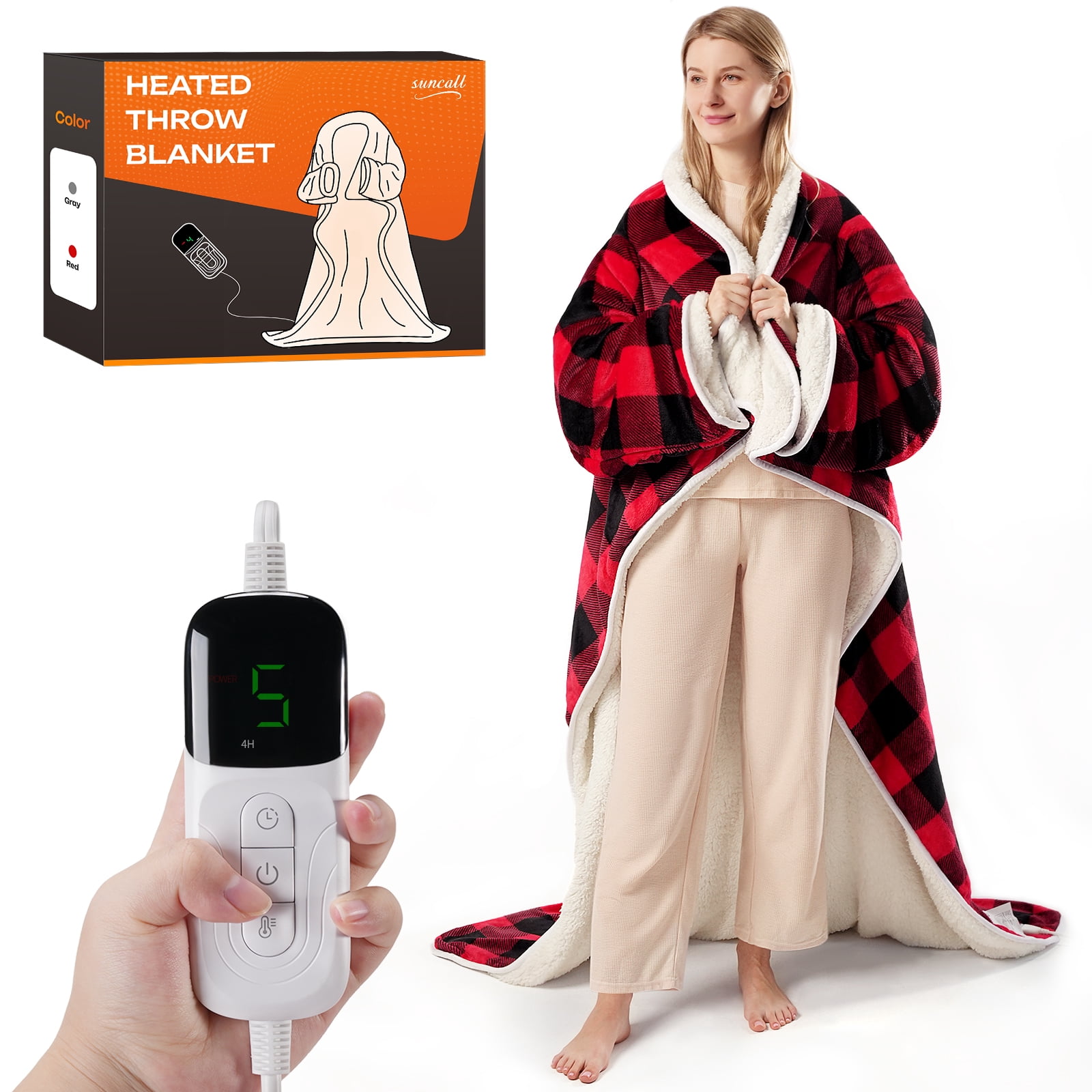 Suncall Electric Snuggle Throw Blankets with Sleeves, Wearable Heated Blanket, Red