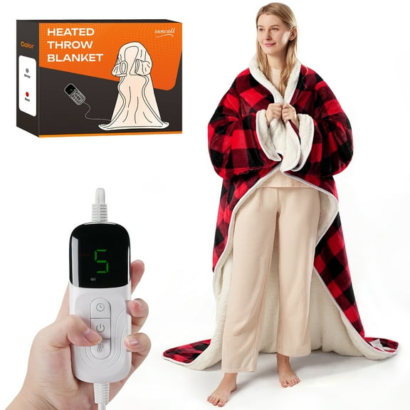 Suncall Electric Snuggle Throw Blankets with Sleeves, Wearable Heated Blanket, Red