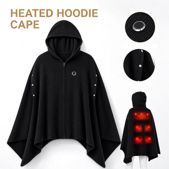 Wearable Heated Blanket, USB Electric Heated Shawl with Soft Fleece Lining & Side Snap Buttons, Portable Heating Wrap for Home, Office and Travel, Winter Gift for Adults Black