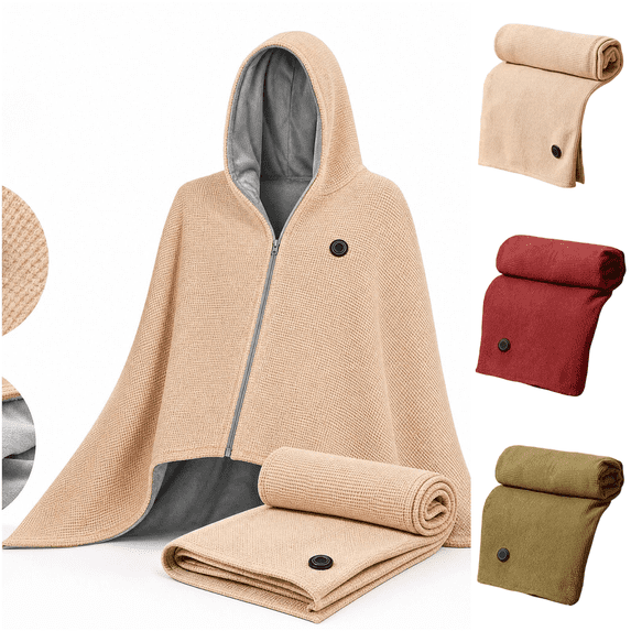 Wearable Heated Shawl Hooded USB Powered Blanket Zippered Warm Wrap for Outdoor Camping Vehicle and Office Daily Use (Beige)