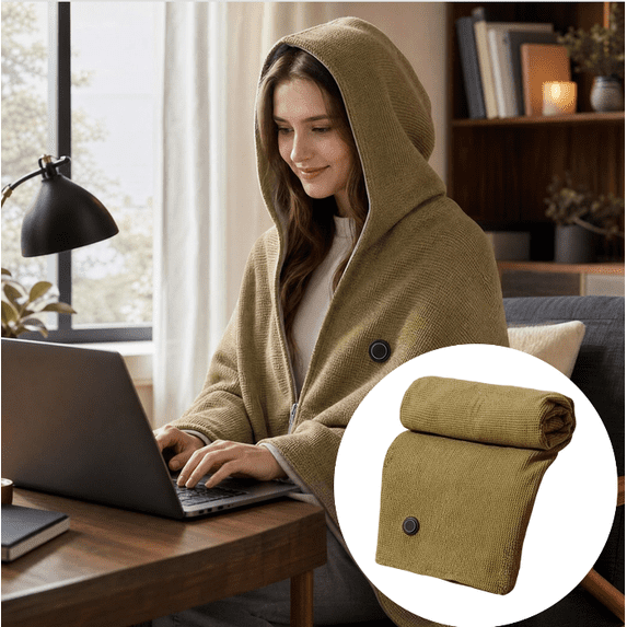 Wearable Heated Shawl Hooded USB Powered Blanket Zippered Warm Wrap for Outdoor Camping Vehicle and Office Daily Use (Green)