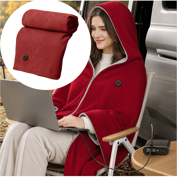 Wearable Heated Shawl Hooded USB Powered Blanket Zippered Warm Wrap for Outdoor Camping Vehicle and Office Daily Use (Wine)