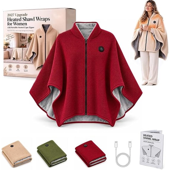 Wearable Heated Shawl Wraps for Women, 2027 New USB Blanket Shawl with Zipper, 3 Heat Settings, Soft Fleece Lining, Washable Heated Poncho for Home, Office, Travel and Winter Gift