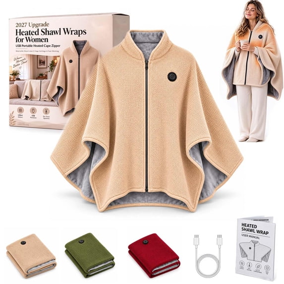 Wearable Heated Shawl Wraps for Women, 2027 New USB Blanket Shawl with Zipper, 3 Heat Settings, Soft Fleece Lining, Washable Heated Poncho for Home, Office, Travel and Winter Gift