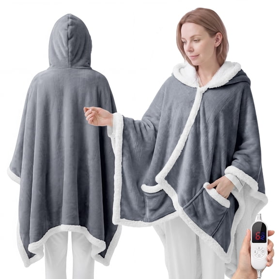 Wearable Heated Throw Blanket, Electric Heated Wrap Poncho Shawl with Pockets, 6 Heating Levels & 12 Auto Shut-Off, 50 x 65 Inch, Gift for Family, Machine Washable, Light Grey