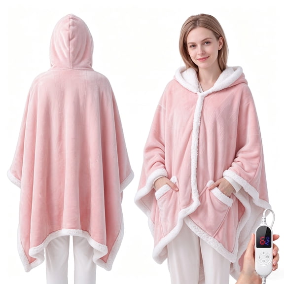 Wearable Heated Throw Blanket, Electric Heated Wrap Poncho Shawl with Pockets, 6 Heating Levels & 12 Auto Shut-Off, 50 x 65 Inch, Gift for Family, Machine Washable, Light Grey