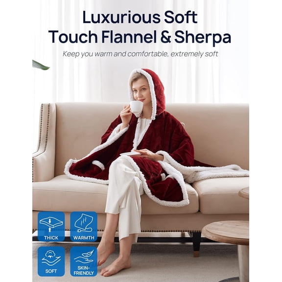 Wearable Heated Throw Blanket, Electric Heated Wrap Poncho Shawl with Pockets, 6 Heating Levels & 2 to 10 Hours Time Settings, 50 x 60 Inch, Red