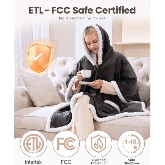 Wearable Heated Throw Blanket Electric Shawl, Heated Wrap Poncho Robes Hoodie for Adult, Birthday for Mom Women Grandma, 9 Heating Levels & 1-10 Hours Time Settings, Grey