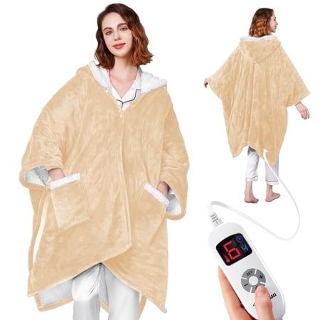 Wearable Heated Throw Blanket with Pockets and Hood, 50" x 70" Flannel and Sherpa Electric Wrap, 6 Heating Levels, 4-Hour Auto Shut Off, Machine Washable, Beige