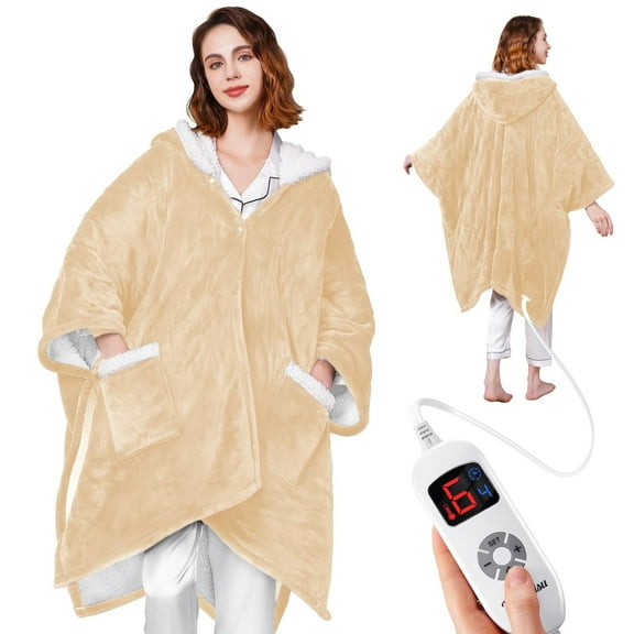 Ocuuziisu Wearable Heated Throw Blanket with Pockets and Hood, 50" x 70" Flannel and Sherpa Electric Wrap, 6 Heating Levels, 4-Hour Auto Shut Off, Machine Washable, Beige