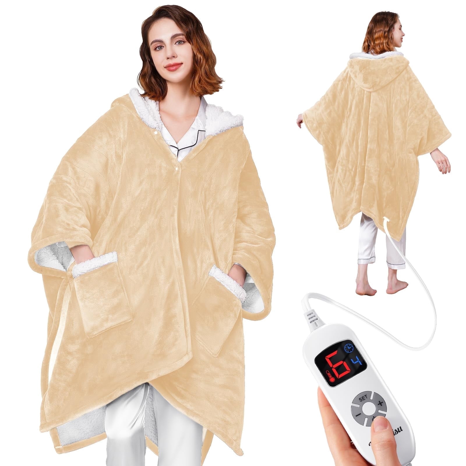Ocuuziisu Electric Throw Blanket with Pockets and Hood, 50" x 70" Flannel and Sherpa Electric Wrap, 6 Heating Levels, 4-Hour Auto Shut Off, Machine Washable, Beige