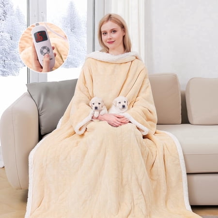 Ocuuziisu Wearable Heated Throw Blanket with Pockets, 50" x 70" Flannel and Sherpa Electric Wrap Poncho Shawl, 9 Heat Settings, 10-Hour Auto Shut Off, Machine Washable, Purple