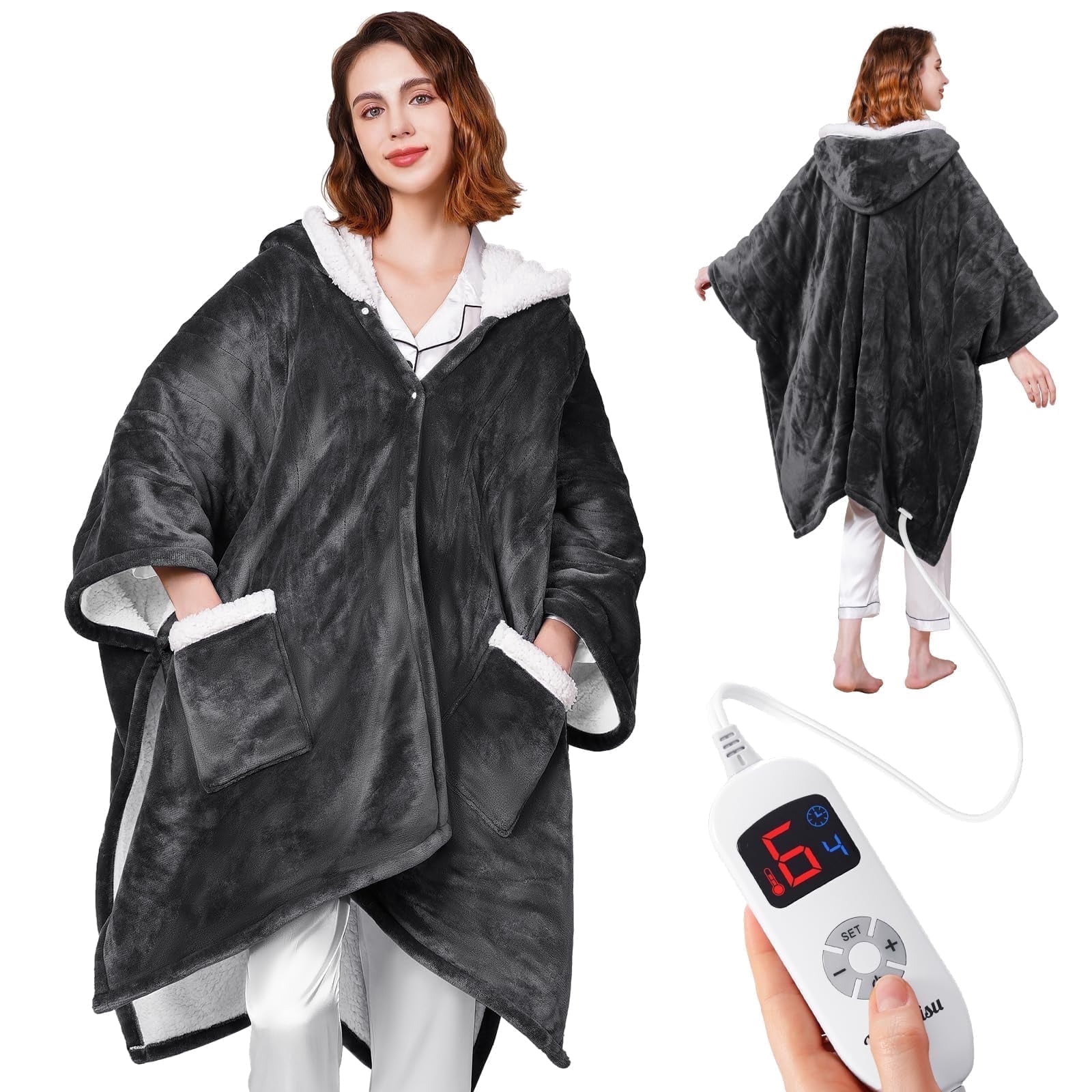 Ocuuziisu Electric Throw Blanket with Pockets and Hood, 50" x 70" Flannel and Sherpa Electric Wrap, 6 Heating Levels, 4-Hour Auto Shut Off, Machine Washable, Grey