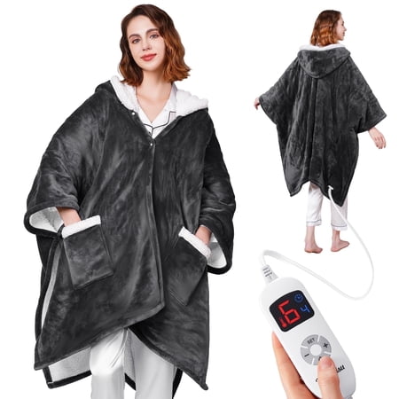 Ocuuziisu Electric Throw Blanket with Pockets and Hood, 50" x 70" Flannel and Sherpa Electric Wrap, 6 Heating Levels, 4-Hour Auto Shut Off, Machine Washable, Grey