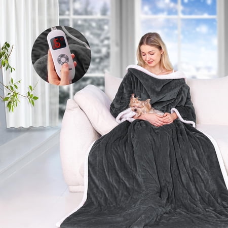 Ocuuziisu Wearable Heated Throw Blanket with Pockets, 50" x 70" Flannel and Sherpa Electric Wrap Poncho Shawl, 4-Hour Auto Shut Off, Machine Washable, Grey