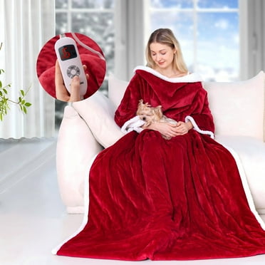 Wearable Heated Throw Blanket with Pockets, 50" x 70" Faux Fur and Sherpa Electric Wrap Poncho Shawl, 4-Hour Auto Shut Off, Machine Washable, Red