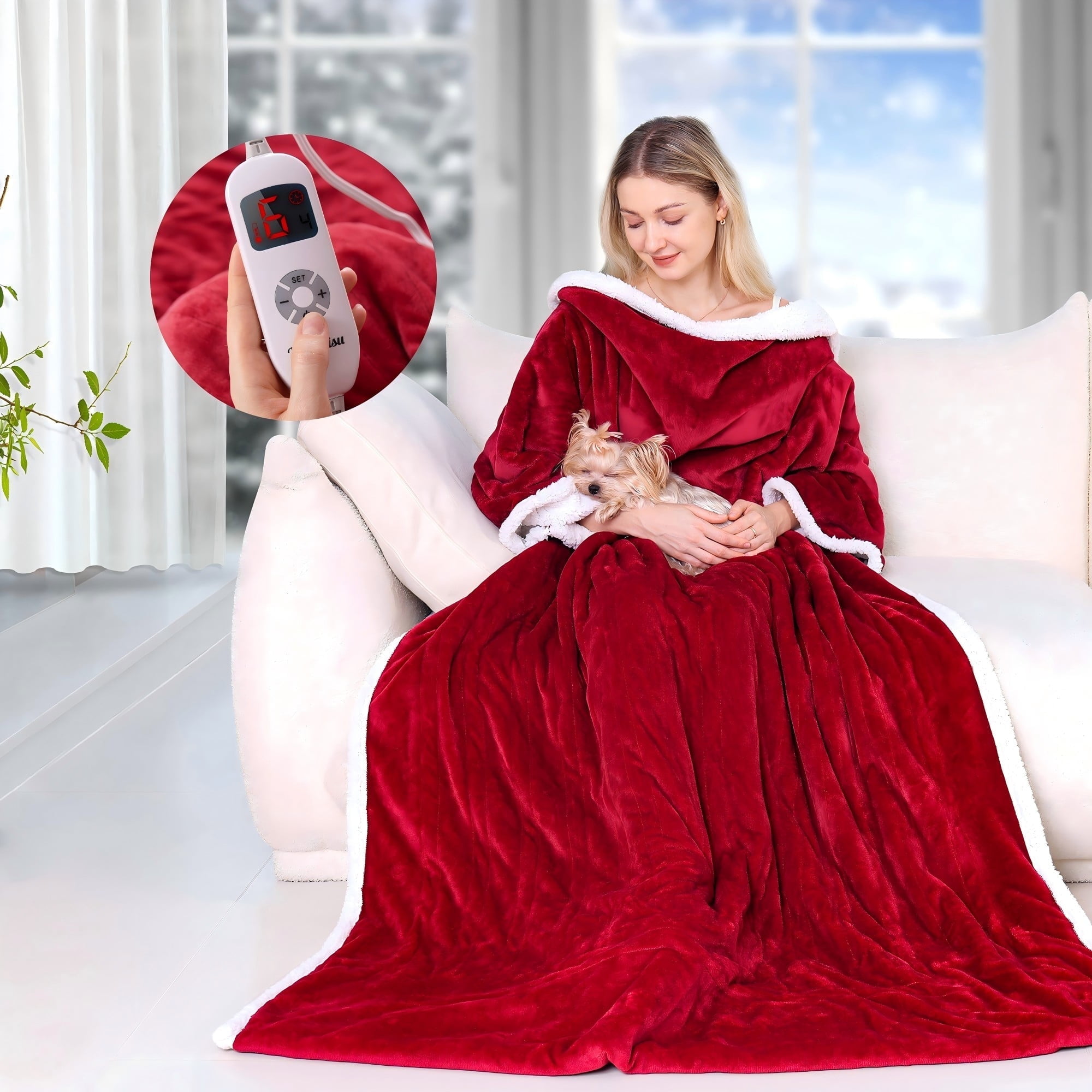 Ocuuziisu Wearable Heated Throw Blanket with Pockets, 50" x 70" Flannel and Sherpa Electric Wrap Poncho Shawl, 4-Hour Auto Shut Off, Machine Washable, Red